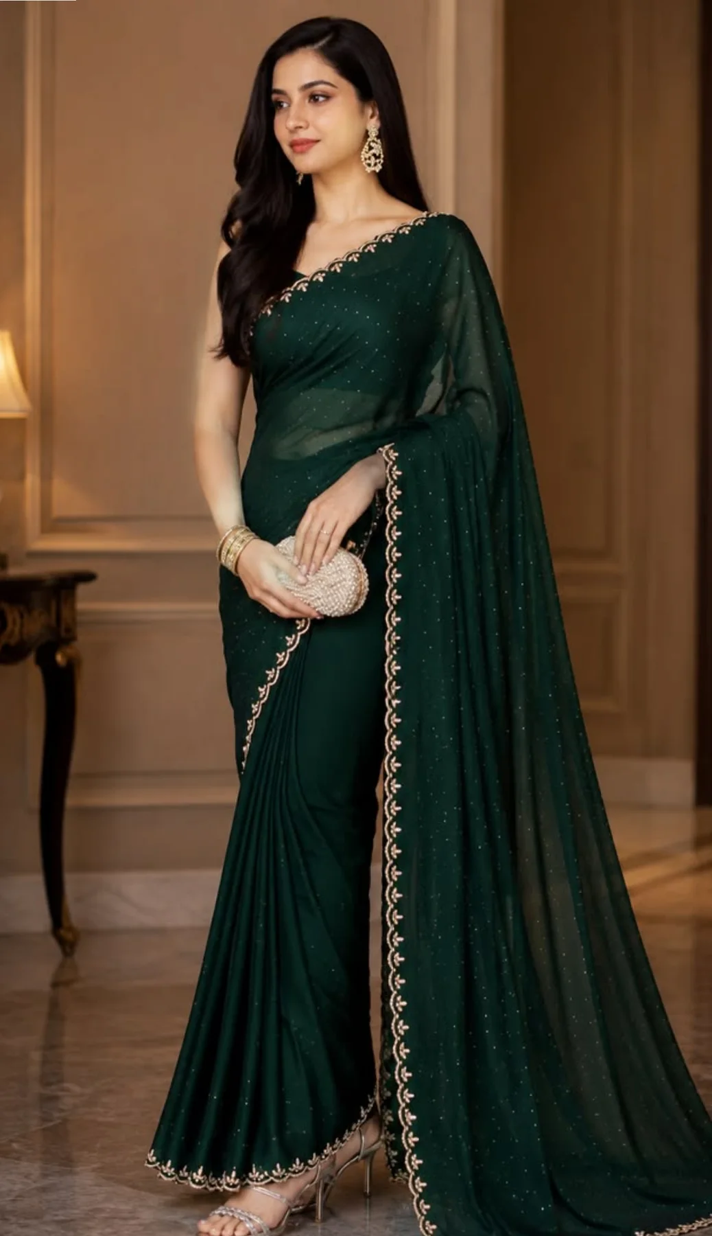 Bottle green embellished saree