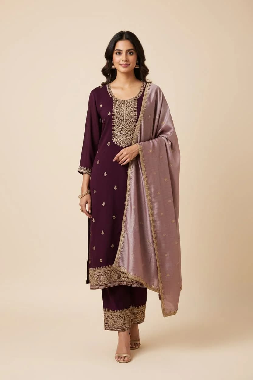 Plum zari embroidered kurta set
